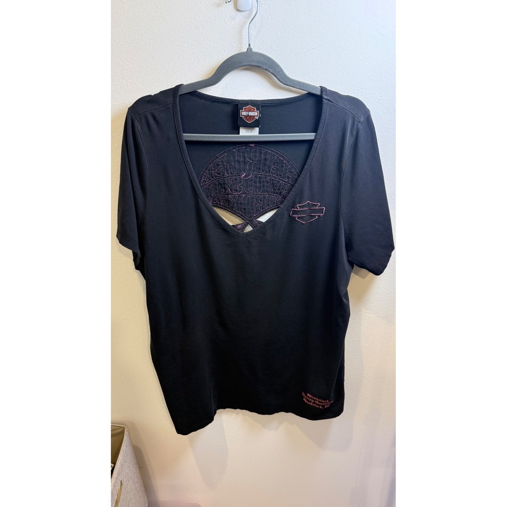 Harley-Davidson Women 2X Black Pink Willie G Skull Cutout V-Neck T-Shirt Top
